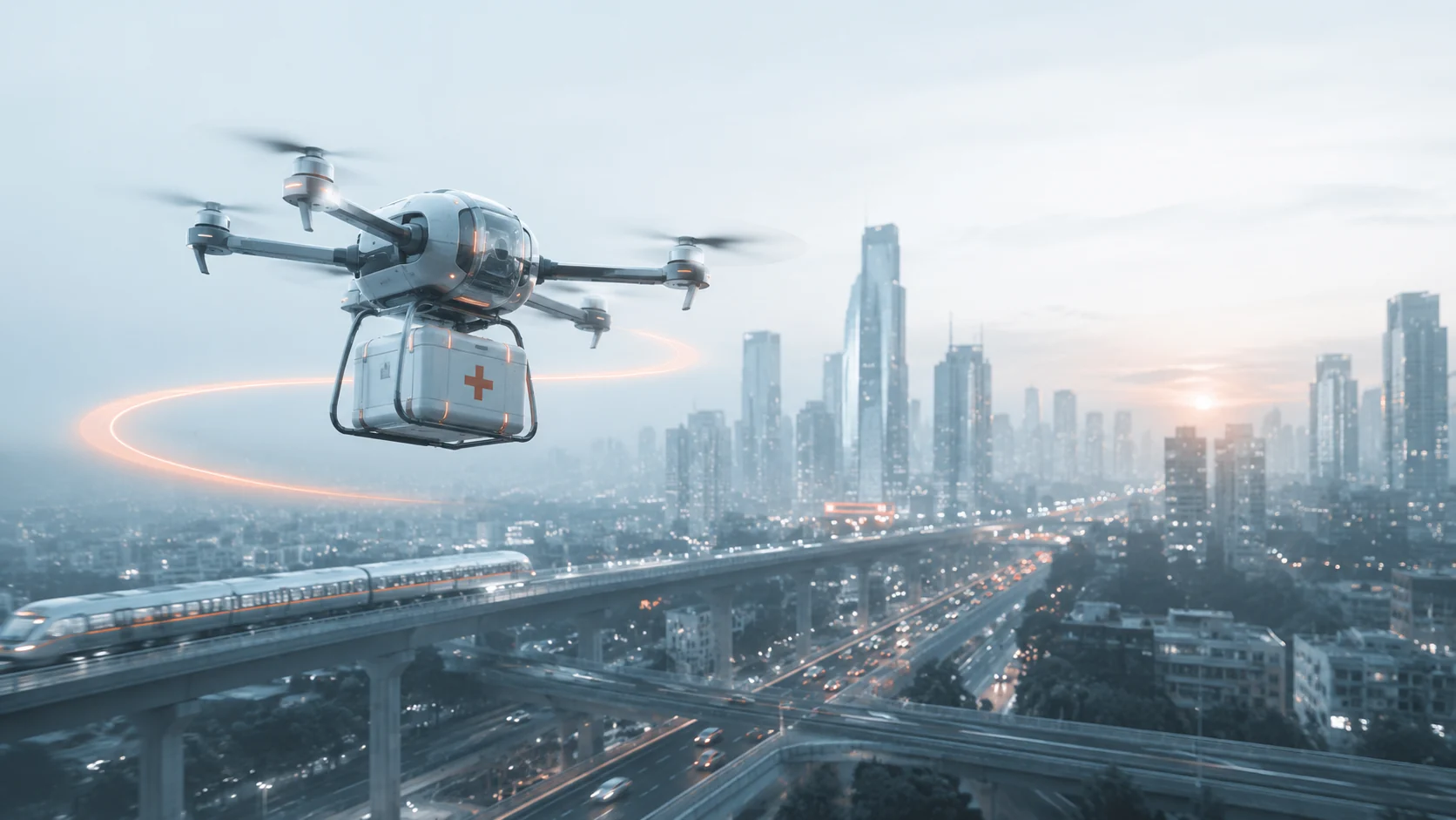 Advanced air mobility vehicle flying above an Indian city