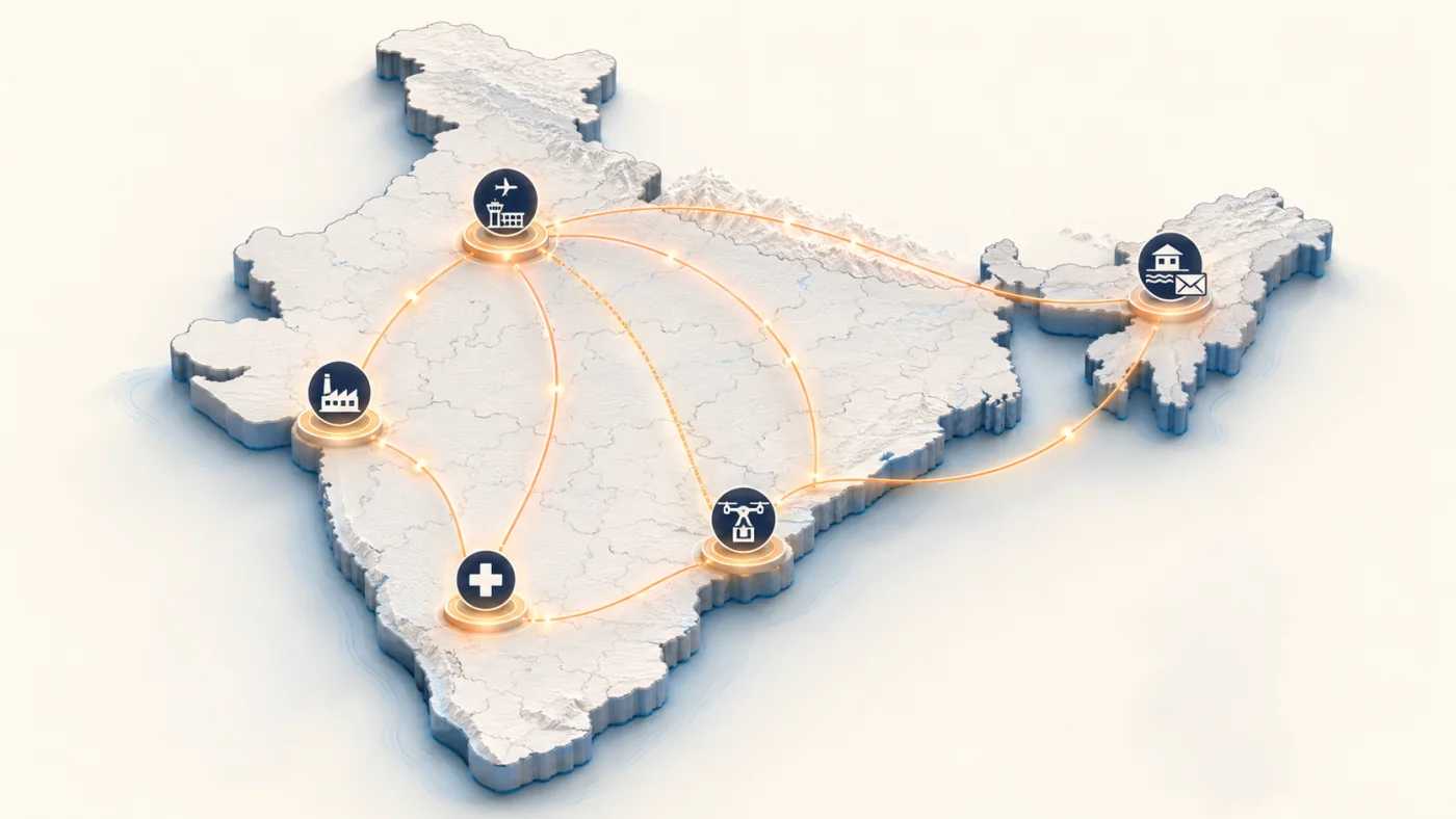 Illustrated map of India showing connected aerial logistics nodes