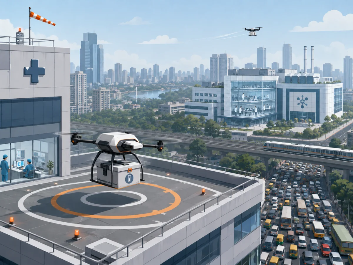 Medical cargo drone landing on a hospital rooftop logistics node