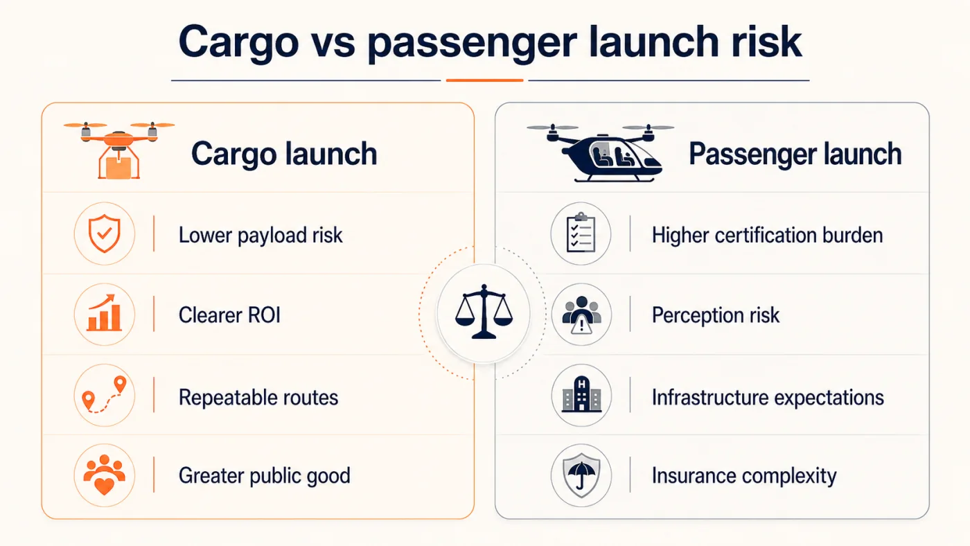 Comparison between cargo launch advantages and passenger launch challenges for AAM