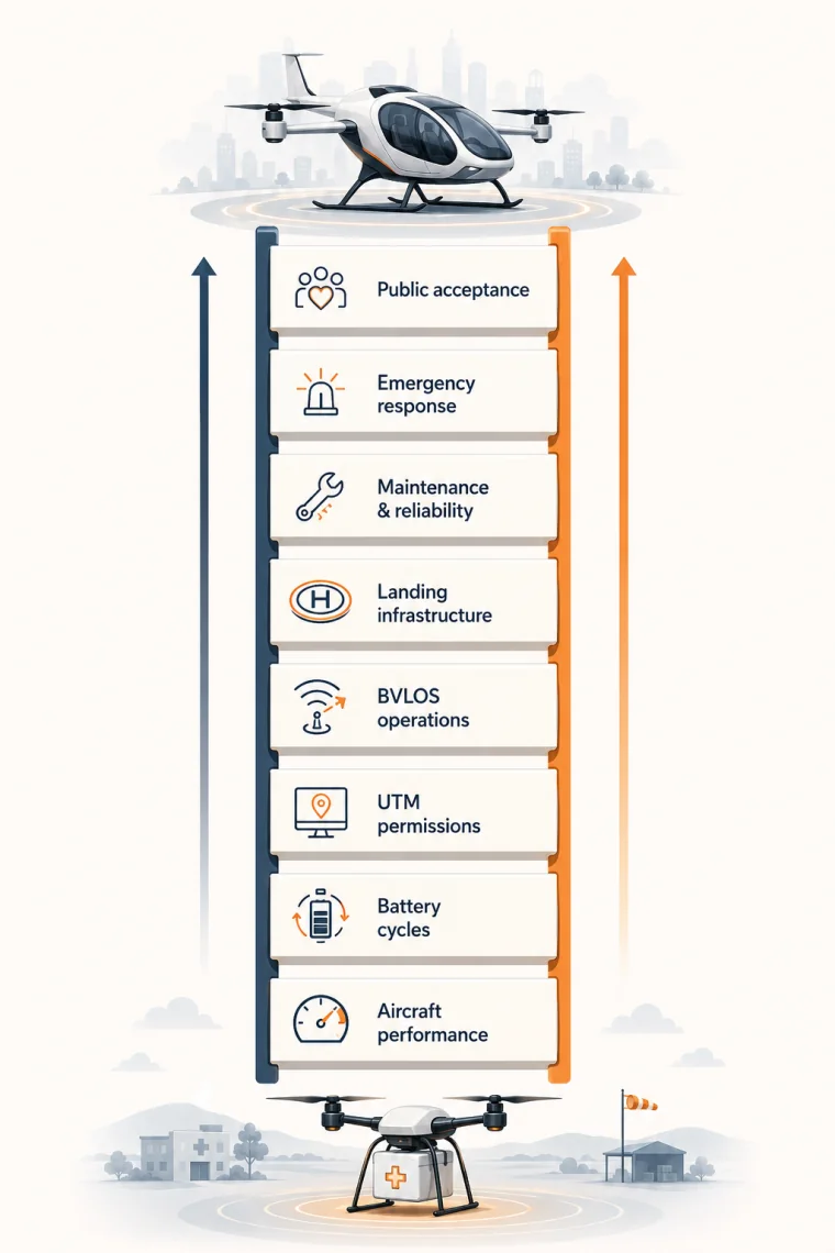 Readiness stack for advanced air mobility operations from aircraft performance to public acceptance