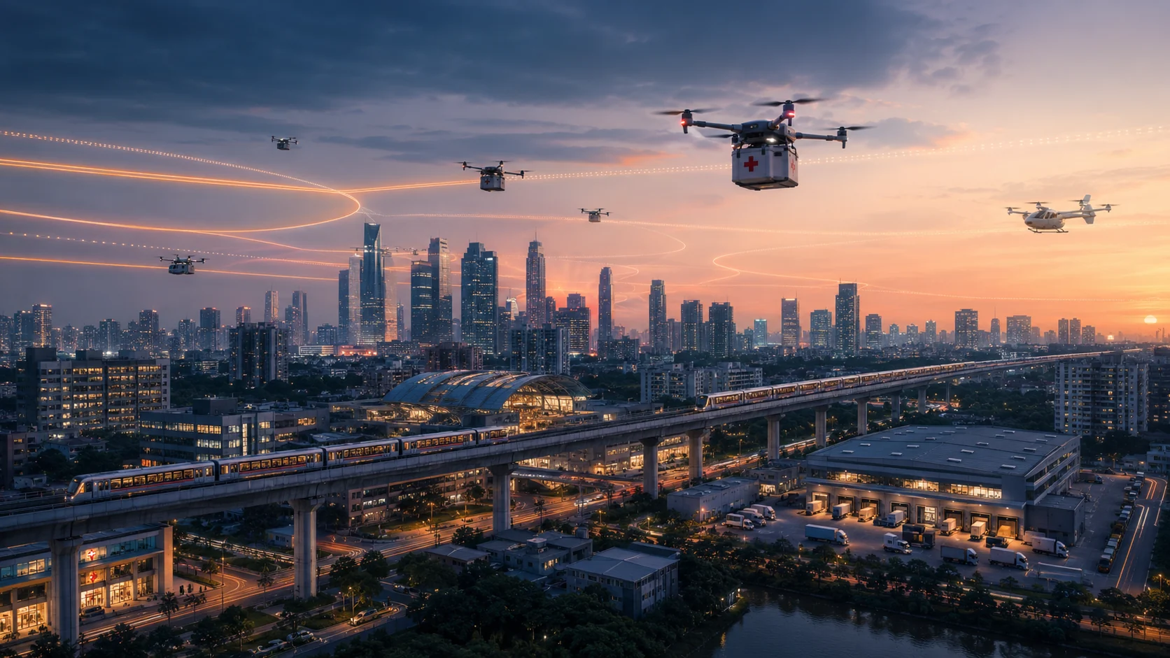 Cargo drones moving through a city skyline above road and rail infrastructure