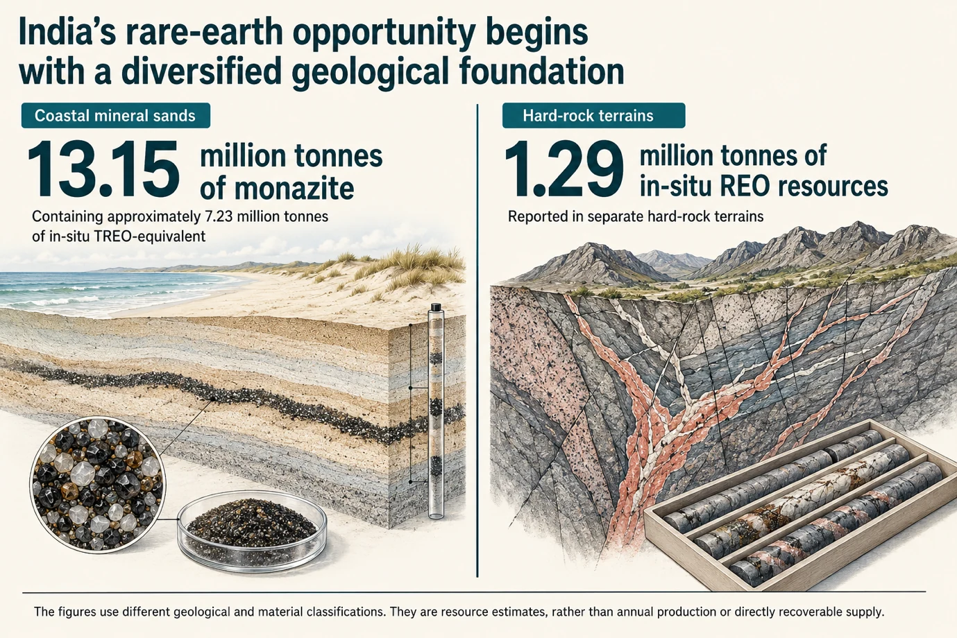 Infographic comparing India's coastal monazite inventory with reported rare-earth-oxide resources in hard-rock terrains
