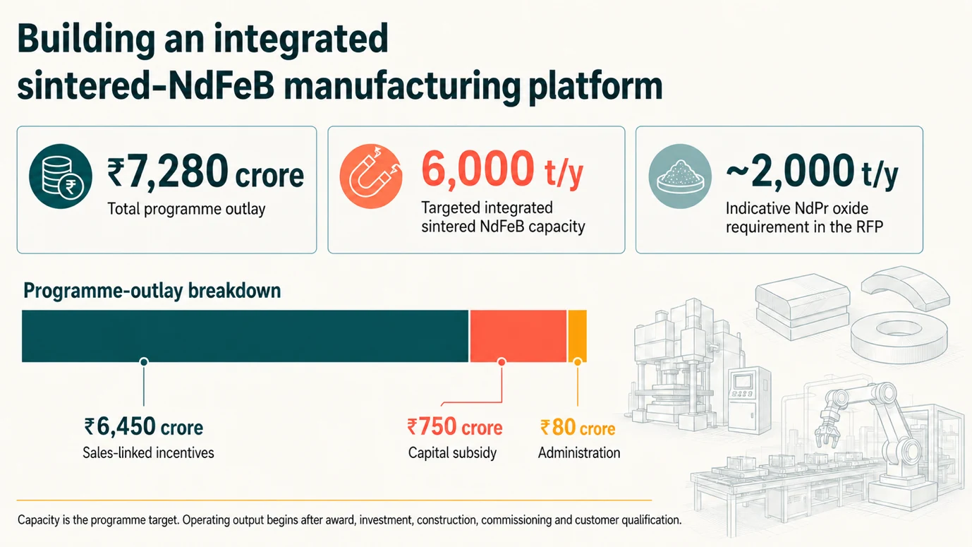 Infographic summarising India's 7,280-crore rare-earth magnet programme, 6,000-tonne capacity target, and indicative NdPr oxide requirement
