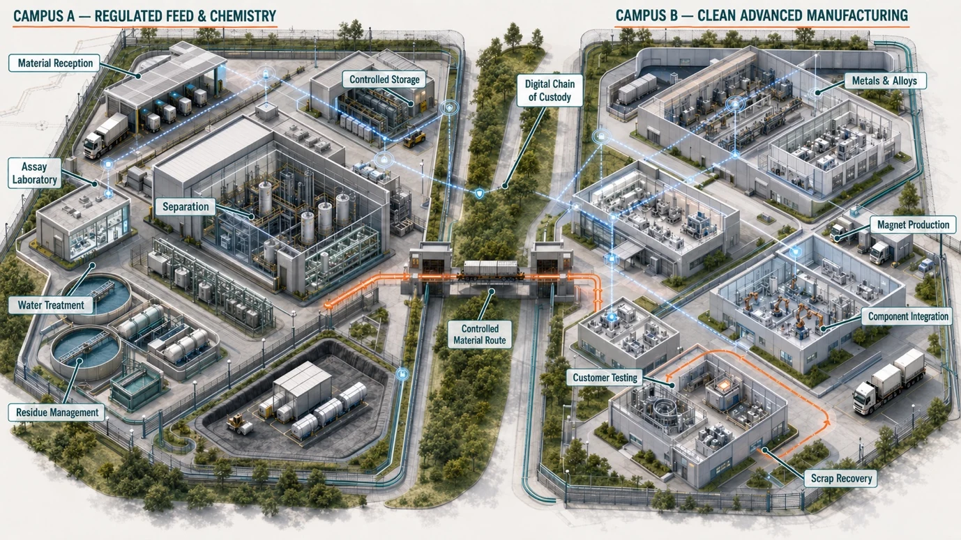 Two-campus rare-earth pilot with regulated feed and chemistry on one campus and clean advanced manufacturing on the other